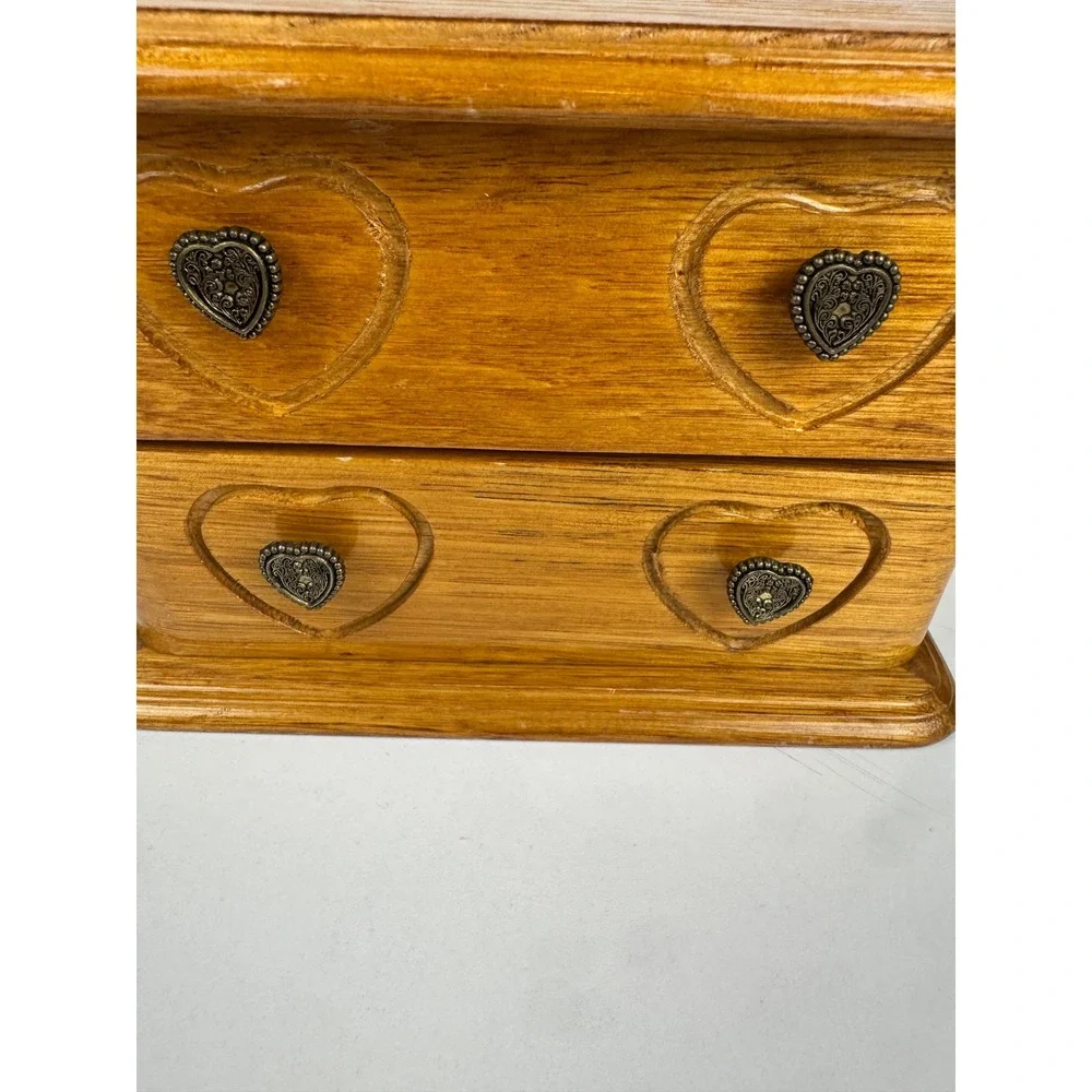 Vtg Wooden Jewelry Box Heart Carved Oak Finish Mirror Ring Storage Organizer